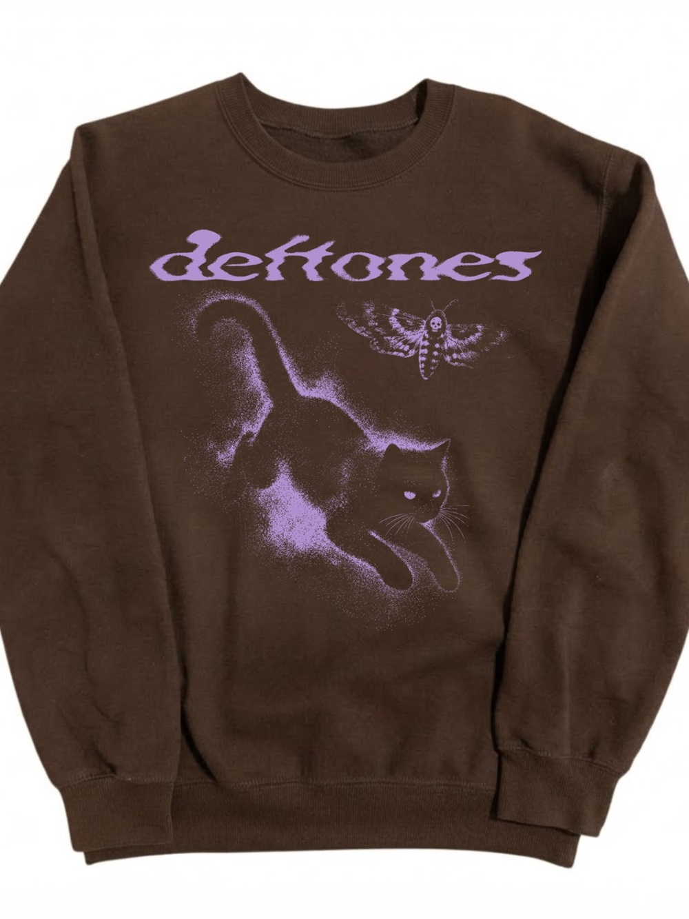 Gildan Brown Crewneck Sweatshirt with Purple Cat & Moth Graphic